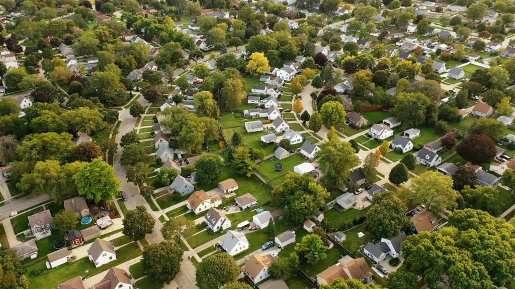 Image from a drone of residential real estate in a subdivision similar to those found throughout Southeast Wisconsiin